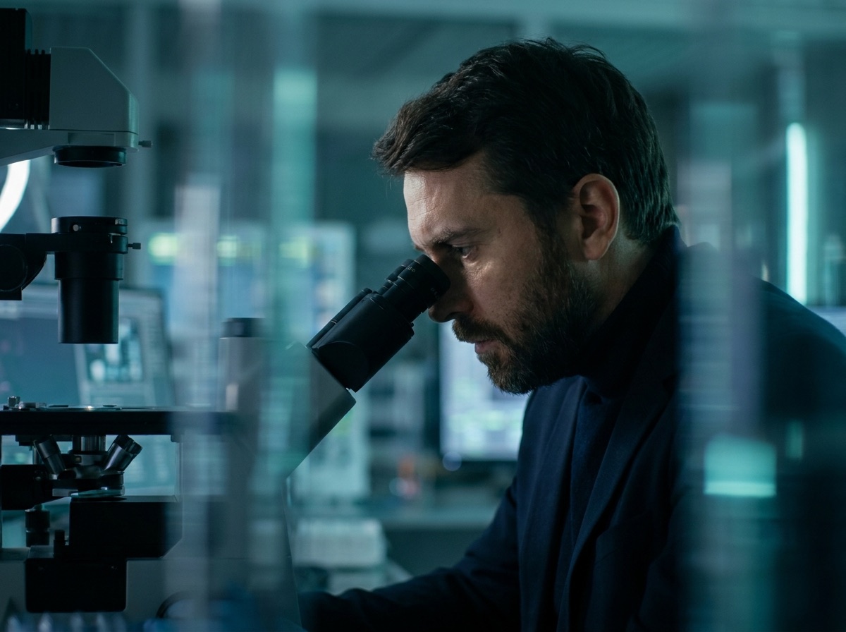 ImmunoMet scientist examining samples under a microscope