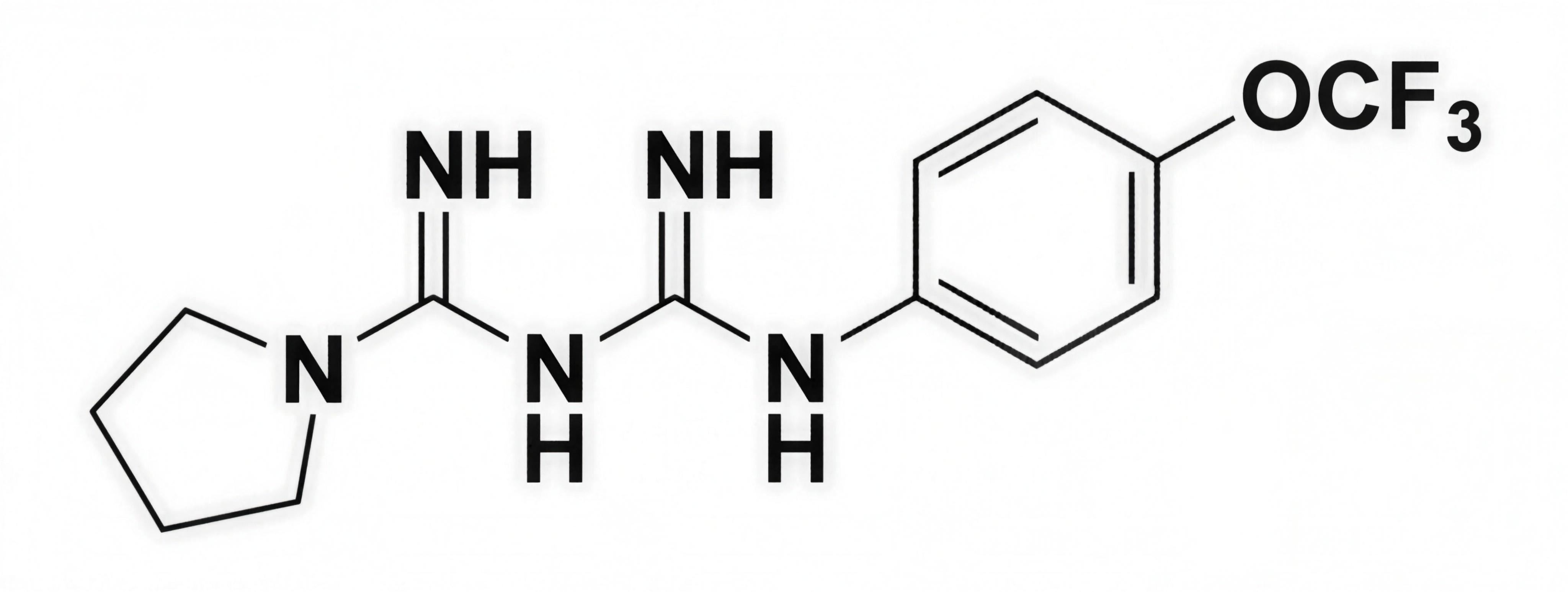 Lixumistat (IM156) chemical structure: a biguanide bearing a pyrrolidine ring and a 4-(trifluoromethoxy)phenyl group